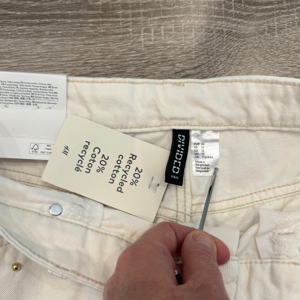 H&M Divided Wide High Waist Jeans Cream Studded Full Length Cotton 12/32 - Picture 3 of 9